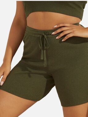 GUESS Women’s Charli Bermuda Ribbed Knit Sweater Drawstring Shorts - Olive
